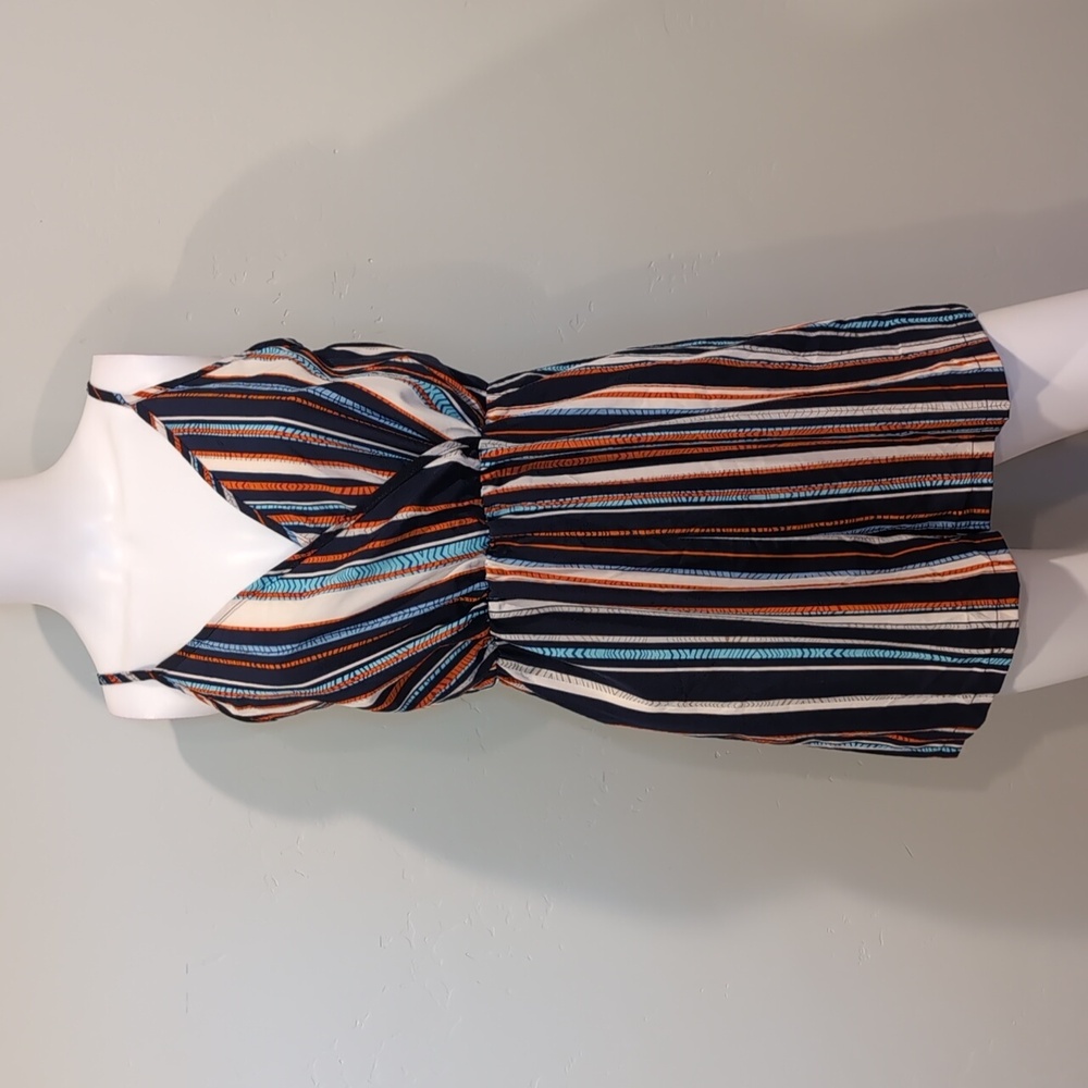 SHEIN Blue White Orange Striped V Neck Adjustable Straps Romper Size Small
